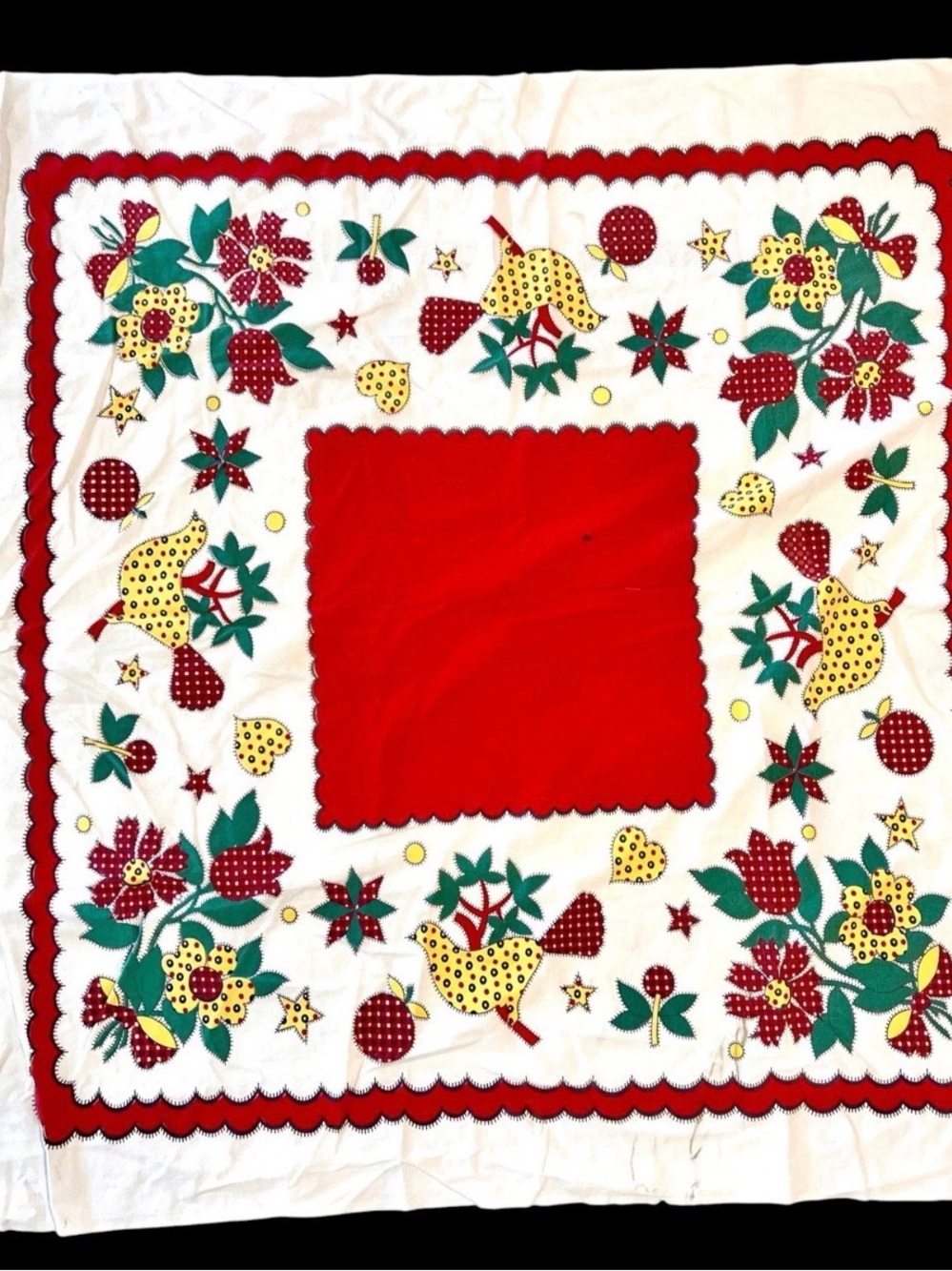 Vintage White, Red, Yellow Farmhouse Cotton Tablecloth 44x42" Cottagecore